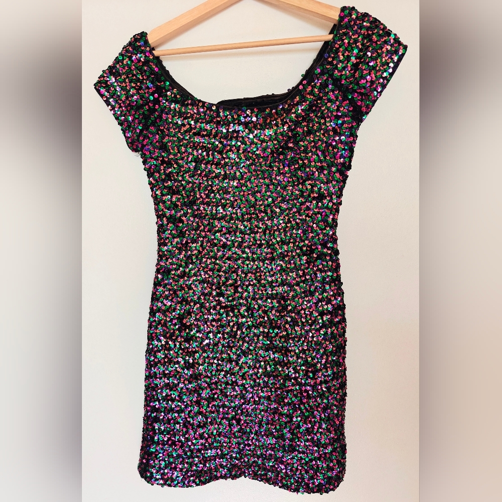 VTG Hollywood Nites Sequin Dress Size 10 Cap Sleeve Cocktail Dress Multicolor